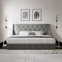 Allewie King Size Bed Frame With 4 Storage Drawers And Wingback Headboard, Button Tufted Design, No Box Spring Needed, Light Grey