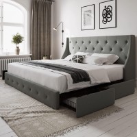 Allewie Full Size Bed Frame With 4 Storage Drawers And Wingback Headboard, Button Tufted Design, No Box Spring Needed, Light Grey