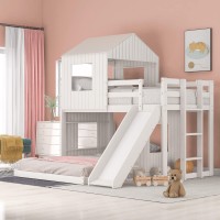 Cjlmn Pinewood Low Bunk Bed With Slide For Kids Teens, Twin-Over-Full Playhouse Furniture House-Shaped Bed Frame With Roof, Wall, Windows, Guardrails And Ladder (White)