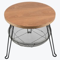 Pj Collection] Round Side Table With Wood Tabletop And Metal Mesh Basket Table With Storage Foldable Design No Tool Assembly