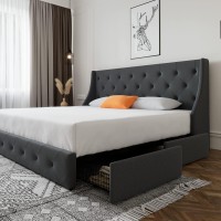 Sha Cerlin King Size Platform Bed Frame With 4 Storage Drawers And Wingback Headboard, Diamond Stitched Button Tufted Design, No Box Spring Needed, Dark Grey