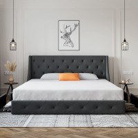 Sha Cerlin King Size Platform Bed Frame With 4 Storage Drawers And Wingback Headboard, Diamond Stitched Button Tufted Design, No Box Spring Needed, Dark Grey