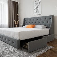 Sha Cerlin King Size Platform Bed Frame With 4 Storage Drawers And Wingback Headboard, Diamond Stitched Button Tufted Design, No Box Spring Needed, Light Grey
