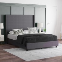 Emma + Oliver Nora Queen Size Faux Linen Upholstered Platform Bed In Gray With Plush Padded Wingback Headboard And Wood Support Slats - No Box Spring Needed