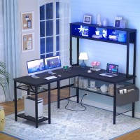 Unikito L Shaped Computer Desk With Led Strip And Power Outlets, Reversible L-Shaped Corner Desk With Storage Shelves And Bag, Industrial Home Office Desk Gaming Table With Usb Port, Black