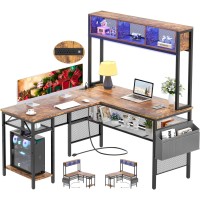 Unikito L Shaped Computer Desk With Led Strip And Power Outlets, Reversible Corner Desk With Storage Shelves And Bag, Industrial Home Office Gaming Table With Usb Port, Rustic Brown