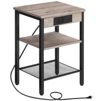 Hoobro End Table With Charging Station And Usb Ports, 3-Tier Nightstand With Adjustable Shelves, Narrow Side Table For Small Space In Living Room, Bedroom And Balcony, Greige Bg112Bz01