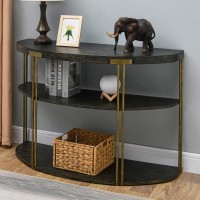 Semi-Circle Console Table With 3-Tier Storage Shelf, Industrial Entry Table, Half-Moon Sofa Table For Living Room,Hallway, Small Space, Brushed Black Wood Tabletop & Gold Tubular Metal Legs Sfz22216Bk
