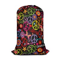 Swono Hippie Peace Symbol Xl Laundry Bags, Drawstring Closure Dirty Clothes Bag Organizer, Heavy Duty Laundry Bag, Mushrooms Paisley Flowers Bags For Camp Travel, Machine Washable 28X40, Colorful