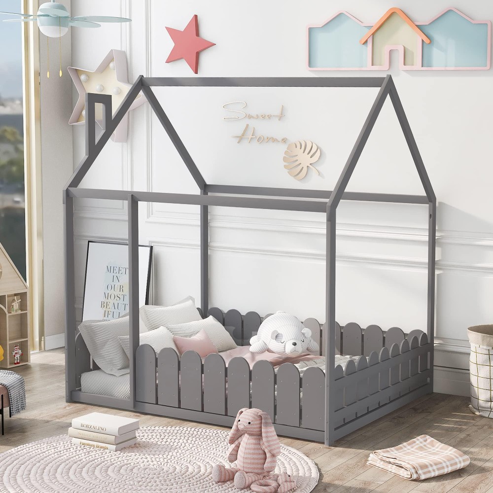 Merax Kids Bed House Shaped, Low Beds For Toddlers, Wood Platform Bed Frame For Children, Box Spring Needed,Easy Assemble (Full,Gray