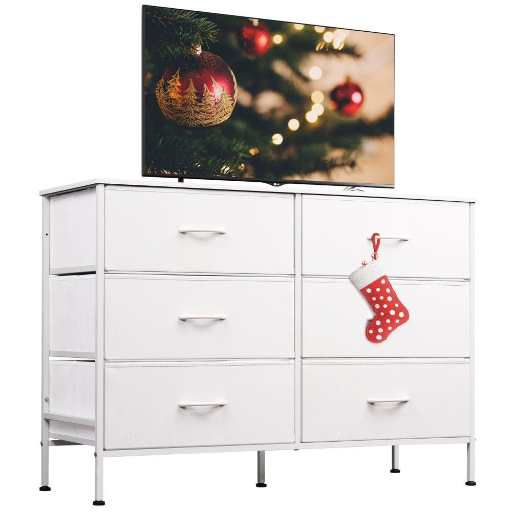 Wlive Wide Dresser With 6 Drawers, Tv Stand For 50 Tv, Entertainment Center With Metal Frame, Wooden Top, Fabric Storage Dresser For Bedroom, Hallway, Entryway, White