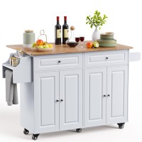 Qsun Kitchen Island On Wheels Kitchen Cart With Rubber Wood Top, Mobile Kitchen Island With Double Storage Cabinet And Drawers, Table (White)