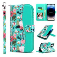 Ulak Compatible With Iphone 14 Pro Max Wallet Case For Women With Credit Card Holders, Designed Flip Pu Leather Kickstand Shockproof Protective Cover For Iphone 14 Pro Max 67 Inch 2022, Mint Floral