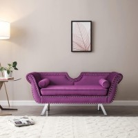 Holaki 61Velvet Loveseatupholstered Chesterfield Sofa With 2 Round Pillowsmid Century Modern Settee Love Seat With Nailhead Trim Curved Backrest Roll Armmetal Legsmall Sofa For Livingroom(Purple)