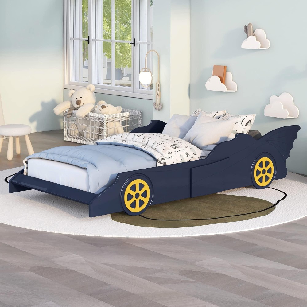 Twin Size Race Car-Shaped Platform Bed With Wheels, Kids Race Car Bed, Wooden Platform Bed Frame With Sturdy Slats Support, Suitable For Kids Boys Girls, No Box Spring Needed (Blue-1)