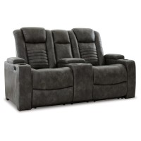 Signature Design By Ashley Soundcheck Contemporary Faux Leather Tufted Power Reclining Loveseat With Control And Adjustable Headrest, Gray