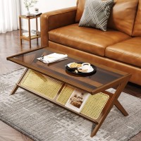 Bamworld Mid-Century Modern Coffee Table With Glass Top Rattan Coffee Table With Storage For Living Room