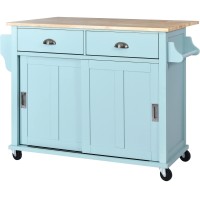 Kitchen Cart With Rubber Wood Drop-Leaf Countertop, Rolling Kitchen Island On 4 Wheels With Sliding Doors, Storage Cabinet, 2 Drawers, Towel Holder And Spice Rack, Mint Green