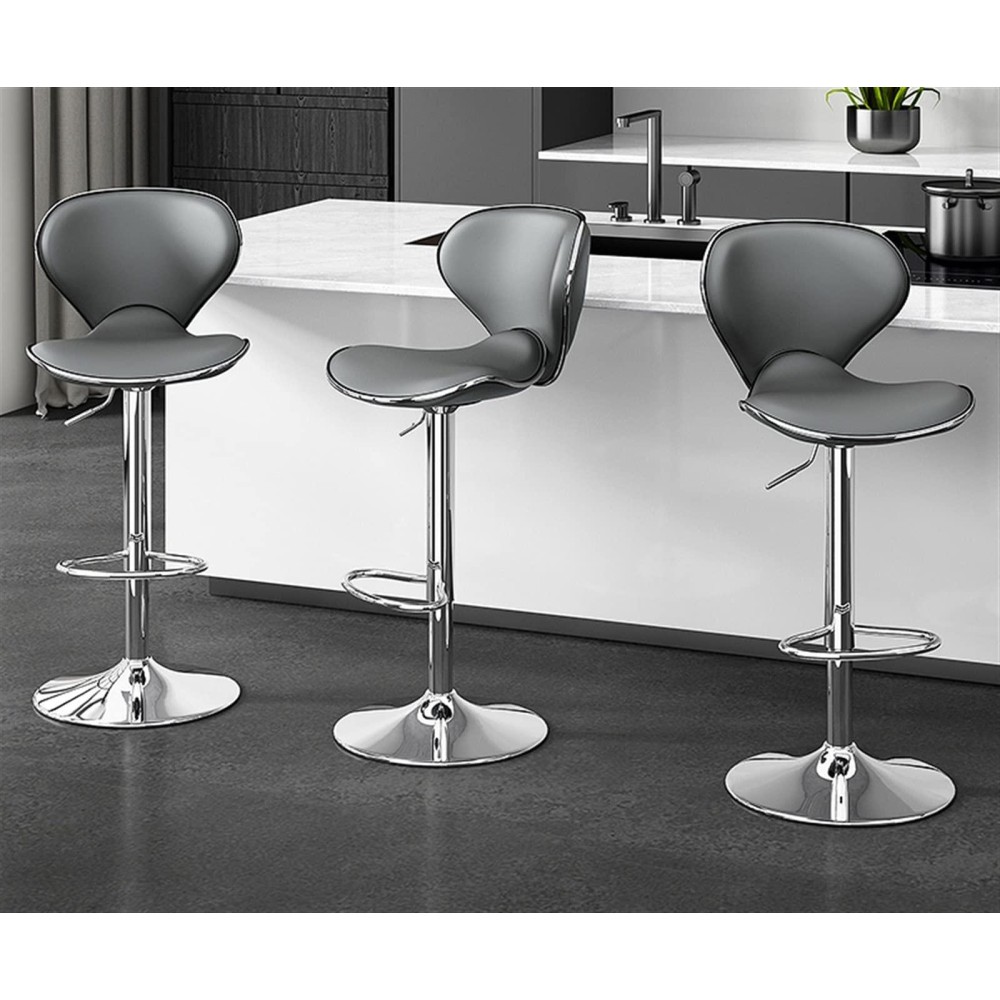 Gray Swivel Barstools Bar Stools Set Of 2 Modern Nappa Leather Adjustable Height, Hydraulic Kitchen Counter Island Bar Stool With Back Chromed Metal Base Footrest, For Restaurant, Living Rooms Offices