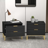 Hitow Nightstand Set Of 2 Night Stands Bedside Table Set With 2 Drawers & Metal Legs End Tables Side Tables For Bedroom Living Room Black And Gold (19.7 W X 15.7 D X 17.9 H)