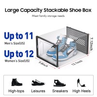 Ewonlife Large Shoe Storage Box With Magnetic Door, 12 Pack Clear Plastic Stackable Sneaker Organizer For Closet, Connect Left And Right Shoe Containers Bins For Entryway, Drop Front, Under Bed, Black