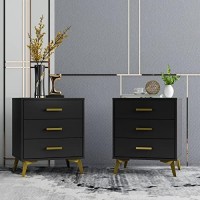 Hitow Nightstand Set Of 2 Night Stands Bedside Table Set With 3 Drawers & Metal Legs End Tables Side Tables For Bedroom Living Room Black And Gold (19.7 W X 15.7 D X 23.6 H)