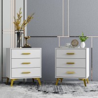 Hitow Nightstand Set Of 2 Night Stands Bedside Table Set With 3 Drawers & Metal Legs End Tables Side Tables For Bedroom Living Room White And Gold (19.7 W X 15.7 D X 23.6 H)