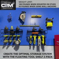 C2M Heavy Duty Floating Tool Shelf & Organizer 2-Pack | Wall Mounted Garage Storage Rack For Handheld & Power Tools | Usa Made, 100 Weight Limit, Compact Steel | Perfect For Milwaukee Tools | Red