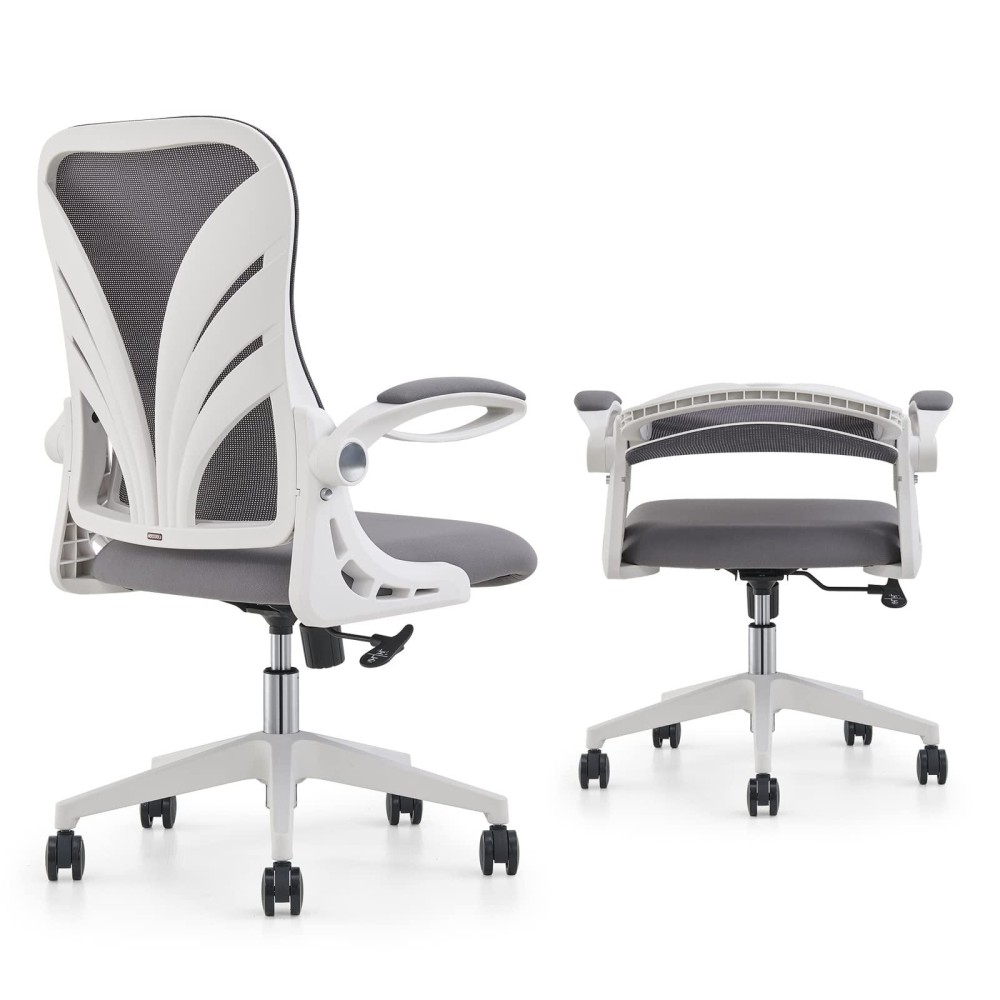 Holludle Ergonomic Office Chair With Foldable Backrest, Computer Desk Chair With Flip-Up Armrests, Mesh Lumbar Support And Tilt Function Big And Tall Office Chair, White