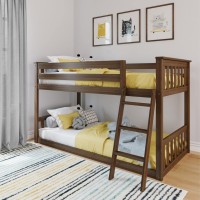 Max Lily Low Bunk Bed, Twin-Over-Twin Wood Bed Frame For Kids, Walnut