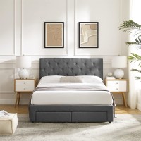 Full Size Bed Frame Linen Upholstered Platform Bed With 2 Storage Drawers,Full Bed Frames With Buttons Headboard For Bedroom,Wooden Slat Support,Mattress Support No Box Spring Needed (Gray, Full)