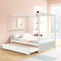 Homsof Full Size Canopy Platform Bed With Trundle, Wooden Bedframe For Kids, Teens, Boys Or Girls, White