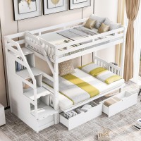 Modern Multi-Function Bunk Bed With 2 Drawers And Storage Staircase, Twin Over Full Bunk Bed With Full Length Guardrail, Down Bed Can Be Converted Into Daybed, Space Saving