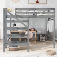 Modern Full Size Loft Bed With Built-In Storage Staircase, Solid Wood Loft Bed Frame With Hanger For Clothes And Safety Guardrail For Kids Teens Boys Girls, No Box Spring Needed (Gray-Jzpe)