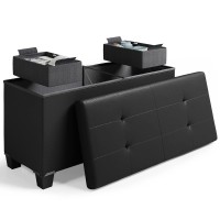 Storage Ottoman Bench With Storage Bins, 30-In Storage Bench For Bedroom End Of Bed, Folding Foot Rest Ottoman With Storage For Living Room, Storage Chest Max 660Lbs, Faux Leather Ottoman, Black