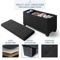 Storage Ottoman Bench With Storage Bins, 30-In Storage Bench For Bedroom End Of Bed, Folding Foot Rest Ottoman With Storage For Living Room, Storage Chest Max 660Lbs, Linen Fabric Black Ottoman