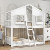 Aiuyesuo Twin Over Twin House Bunk Bed With Roof And Window, Solid Wood Bunk Beds With Safety Guardrails And Ladder,
