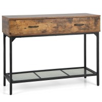 Rustic Brown Console Table Sofa Side Table Hallway Entryway Table Wide Tabletop Sturdy Steel Frame Ample Storage Space With 2 Drawers And Bottom Open Storage Shelf 4 Adjustable Foot Pads