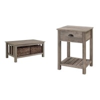 Walker Edison Alayna Mission Style Two Tier Coffee Table, 40 Inch & Farmhouse Square Side Accent Table Set-Living-Room Storage End Table With Storage Door Nightstand Bedroom, 18 Inch, Grey Wash