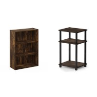 Furinno Pasir 3-Tier Open Shelf Bookcase Amber Pine & Just 3-Tier Turn-N-Tube End Table Side Table Night Stand Bedside Table With Plastic Poles 1-Pack Columbia Walnutblack