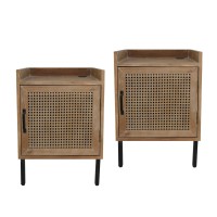 Cozayh Rustic Farmhouse Woven Rattan Fronts Nightstand Set Of 2 Storage End Table With 2 Usb Ports Industrial Accent Bedside Table For Bedroom Living Room