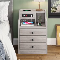 Adorneve Nightstand With Charging Station, Night Stand With Hutch & Storage Drawers, End Table Side Table Bedroom,Grey
