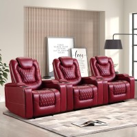 Anj Power Recliner Chair Set Of 3, Electric Soft Leather Reclining Home Theater Seating - Usb Ports, Cup Holders, Hidden Arm Storage Movie & Media Room Chairs (Red)