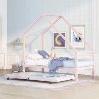 Merax Twin Kids House Shaped Low Beds With Trundle, Heavy Metal Platform Bed Frame For Child, Girls,No Box Spring Needed,Easy Assemble (Twin,Pink