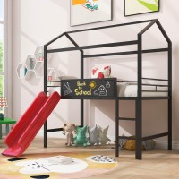 Aiuyesuo Playhouse Loft Bed With Slide And Integrated Ladder, Twin Over Twin Metal Loft Bed With Writing Board And Guardrails For Kids, Toddlers, Teens, Girls, Boys, Can Be Decorated (Black+Red-T002)