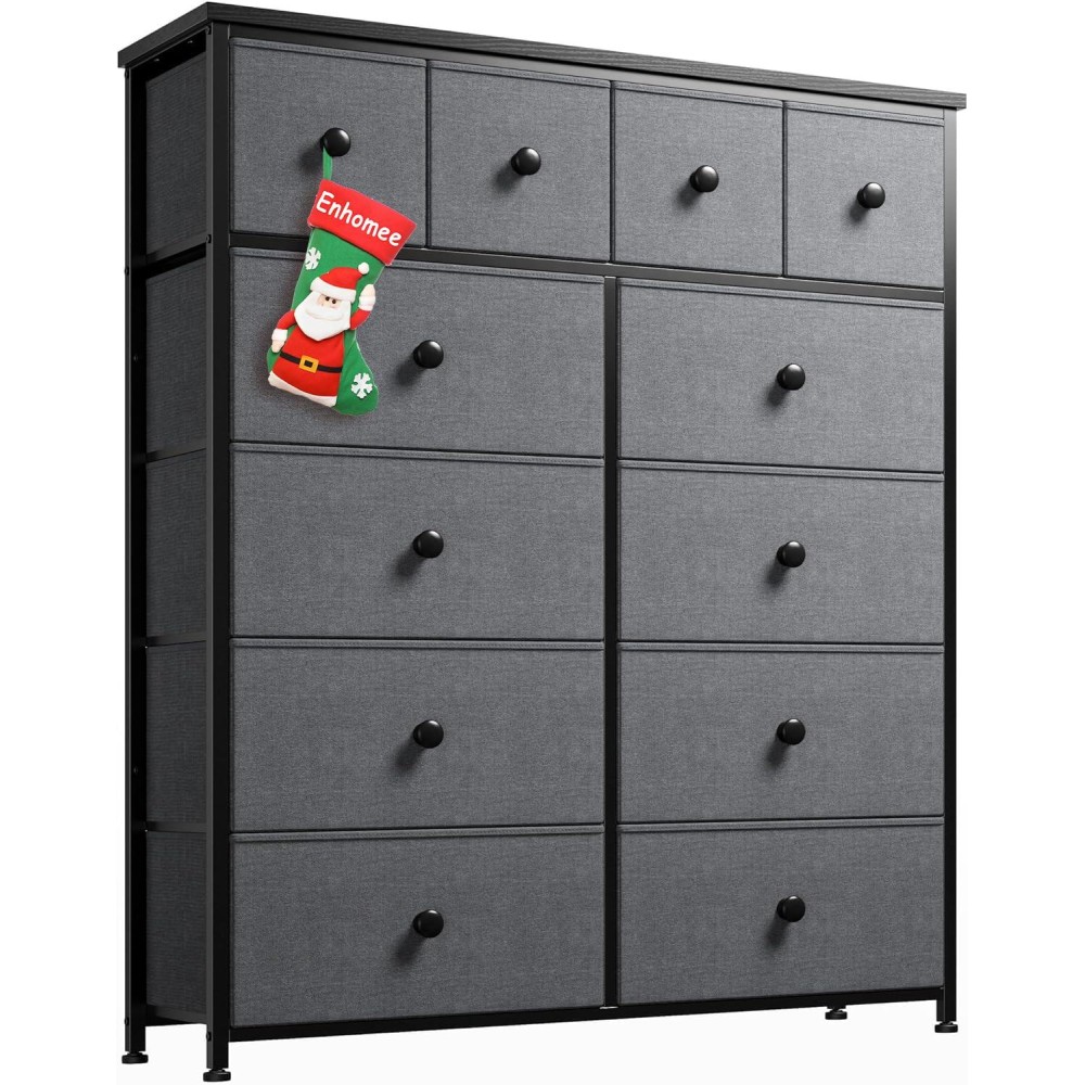 Enhomee Dresser For Bedroom With 12 Drawers Tall Dressers & Chest Of Fabric Storgae Closet,Clothes,Wooden Top Metal Frame,Grey,12 D X 41 W 44 H
