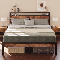Likimio Queen Bed Frame With Storage Headboard, Platform Bed Frame Queen Size With Strong Supports, More Sturdy, Noise-Free, No Box Spring Needed, Rustic Maple
