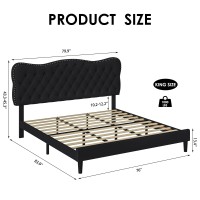 Hostack King Size Bed Frame, Linen Fabric Upholstered Platform Bed Frame With Adjustable Headboard, Diamond Tufted Mattress Foundation With Wood Slats, Easy Assembly, No Box Spring Needed, Black
