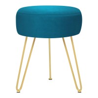 Gerant Multifunctional Vanity Stool - Velvet Footrest Stool-Upholstered Chair Stool -Ottoman Round Modern Dressing Chair - Side Coffee Table Seat With Golden Metal Leg For Living Room (Peacock Blue)