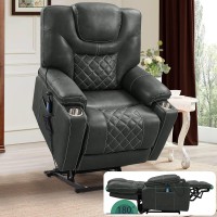 Pug258Y Power Lift Recliner For Seniors: 9988 High Density Foam Lift Chair With Heat And Massage, Reclining To 180, 2 Pockets Cup Holders, 2 Remote Controls, Dual Okin Motors - Breathable Leather Gray